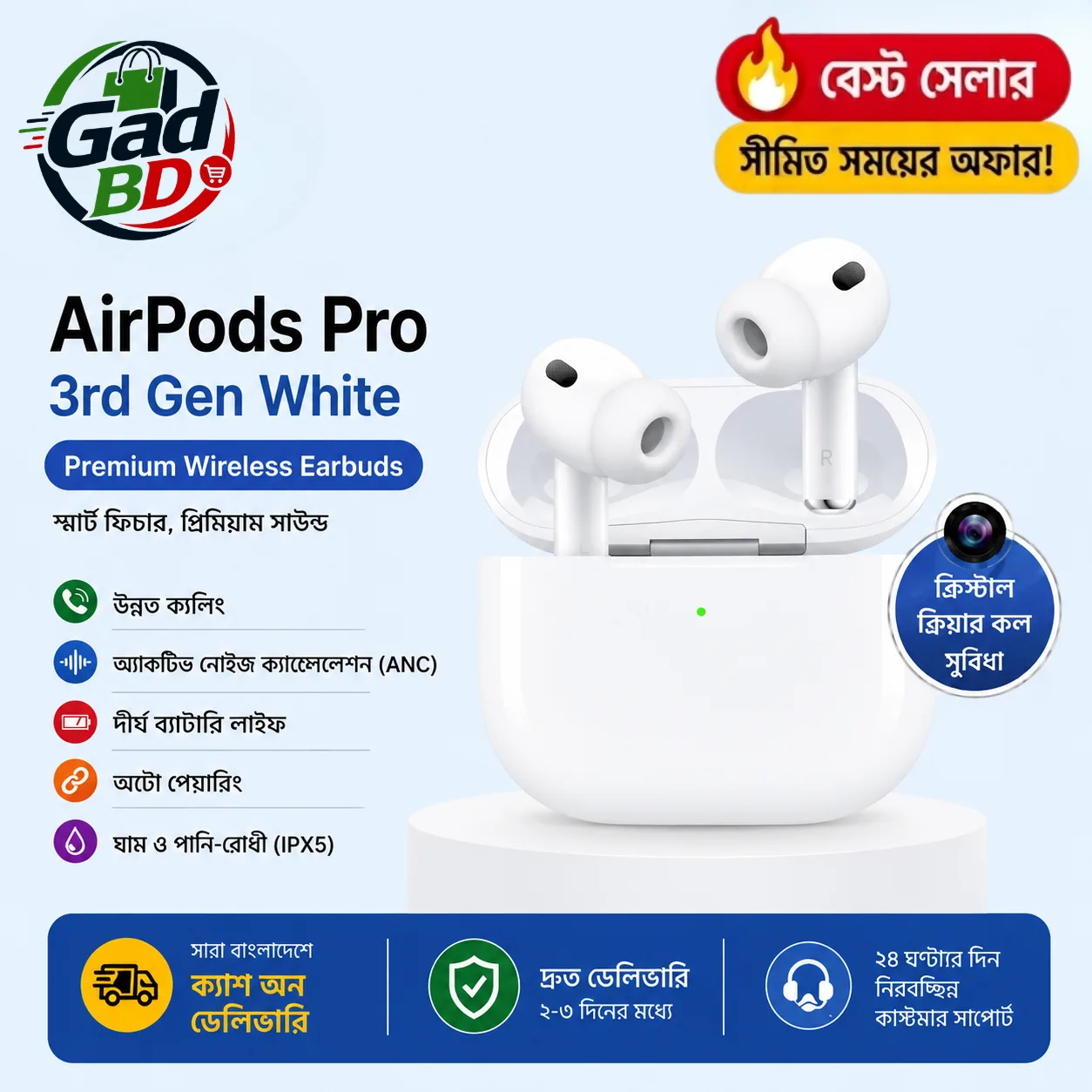 AirPods Pro 3rd Generation White Bluetooth Wireless Earbuds with Charging Case