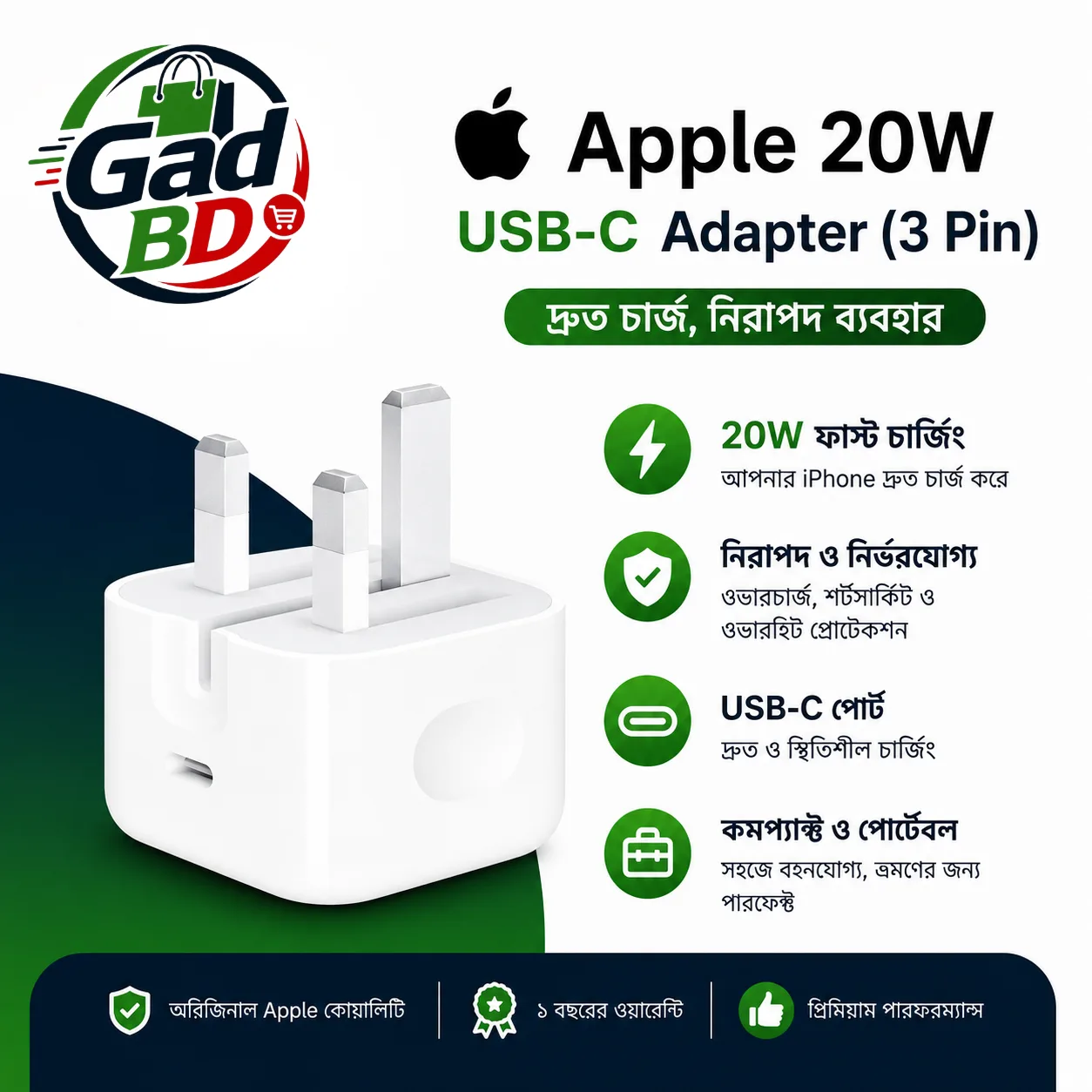 Apple 20W USB-C Power Adapter 3 Pin Fast Charger for iPhone & iPad - White