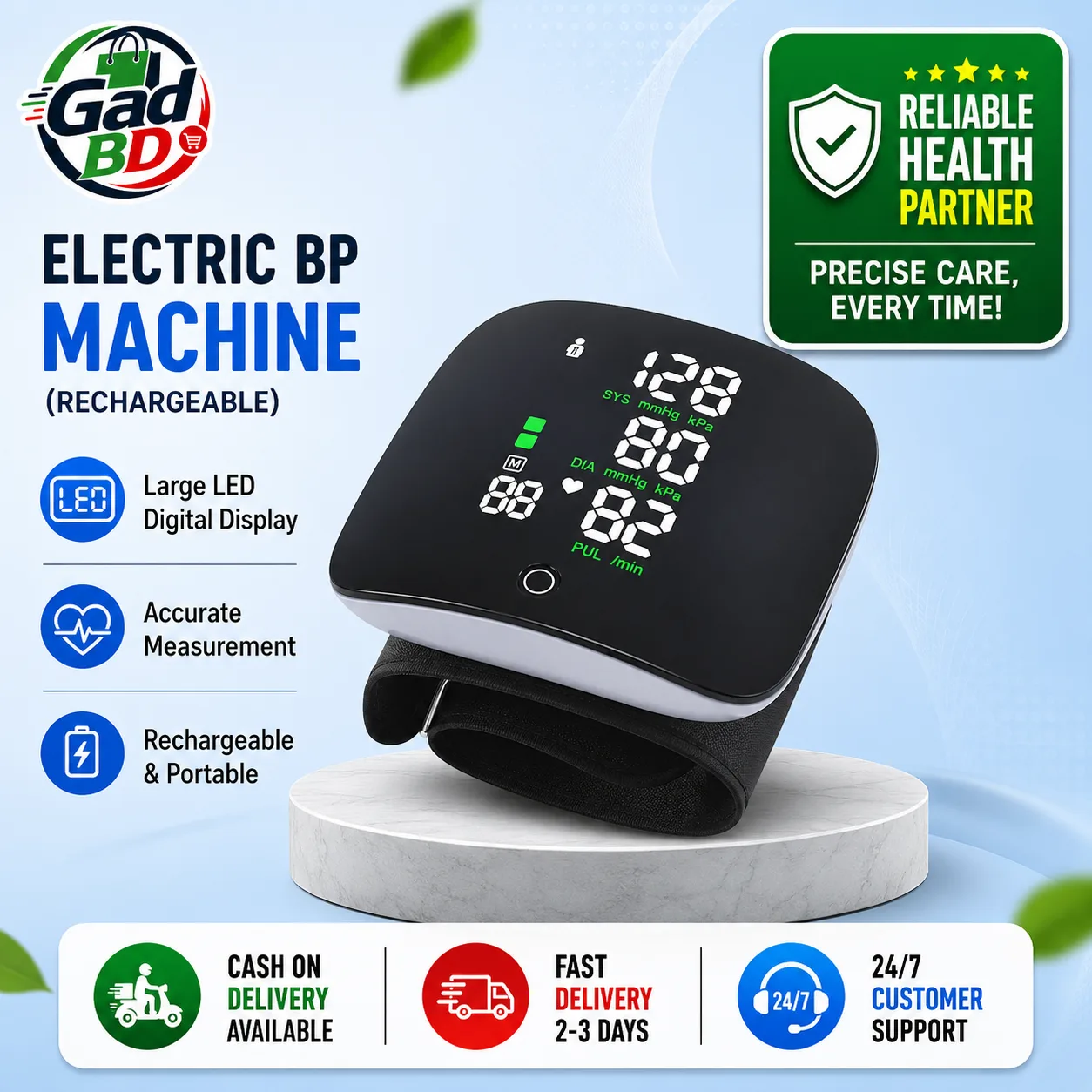 Electric Blood Pressure Machine (Rechargeable) – Automatic Digital Upper Arm BP Monitor with Large LCD Display & USB Rechargeable Battery