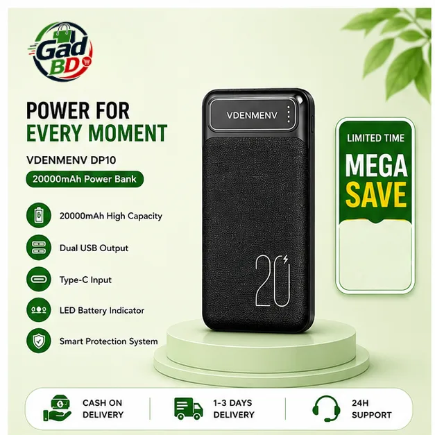 VDENMENV DP10 20000mAh Power Bank – Dual USB & Type-C Portable Fast Charging External Battery Pack