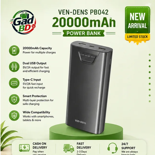 VEN-DENS VD-PB042 20000mAh Multi-Port Power Bank – Portable Dual USB Fast Charging Battery Pack