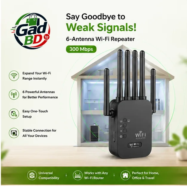 6-Antenna Wi-Fi Repeater 300Mbps High-Speed Wireless Range Extender & Signal Booster