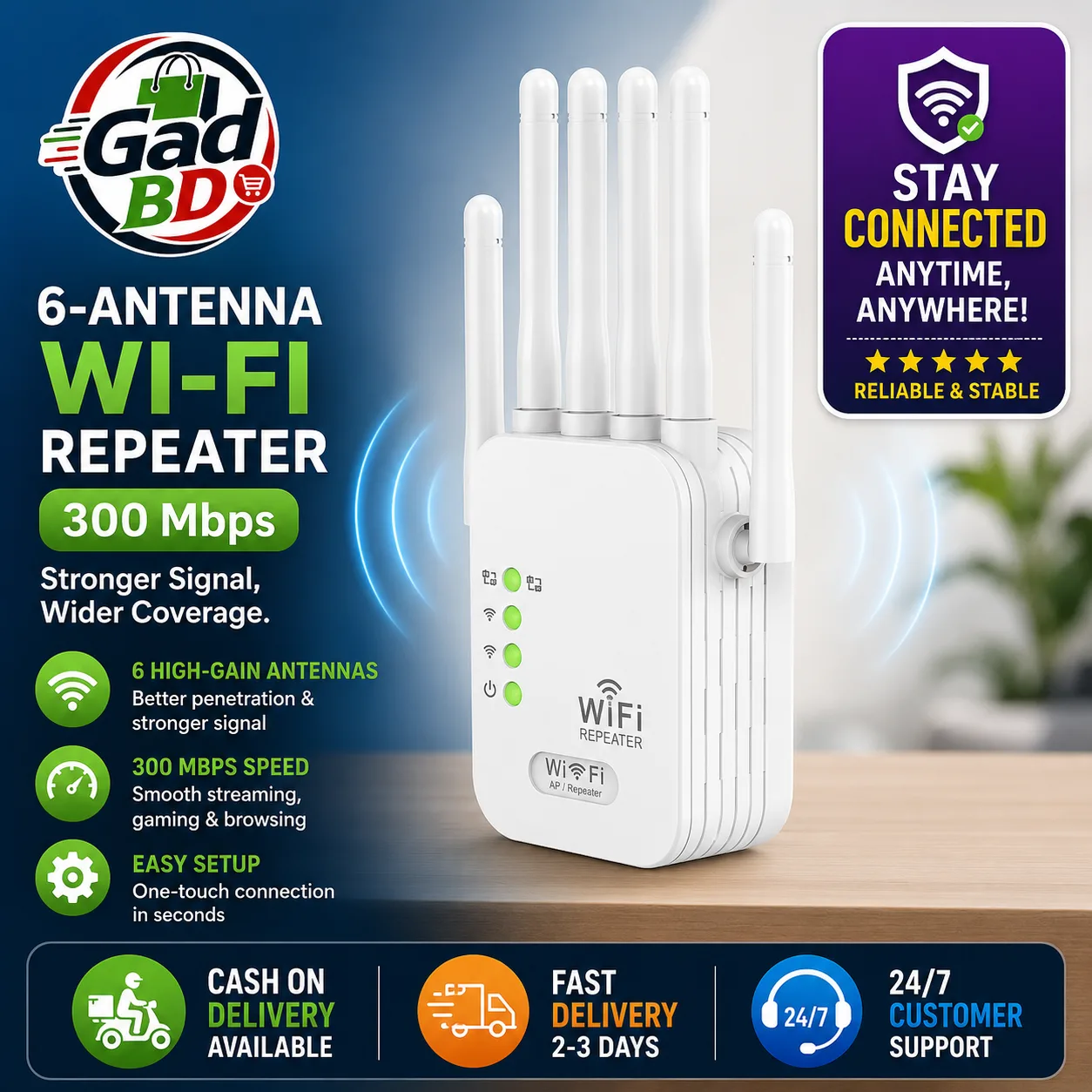 High-Speed 300Mbps 6-Antenna Wi-Fi Signal Booster Wireless Repeater with Wide Coverage & Stable Connection