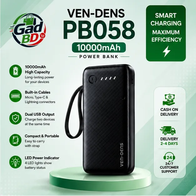 VEN-DENS VD-PB058 10000mAh Fast Charging Power Bank with Dual USB Output & Smart Safety Protection