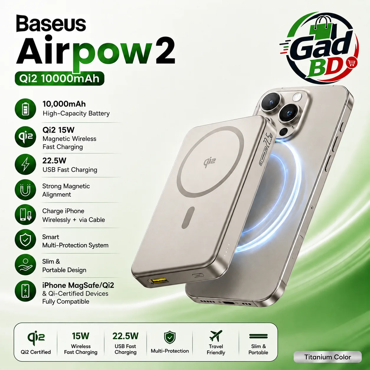 Baseus Airpow 2 Qi2 10000mAh Magnetic Wireless Power Bank with 22.5W Fast Charging