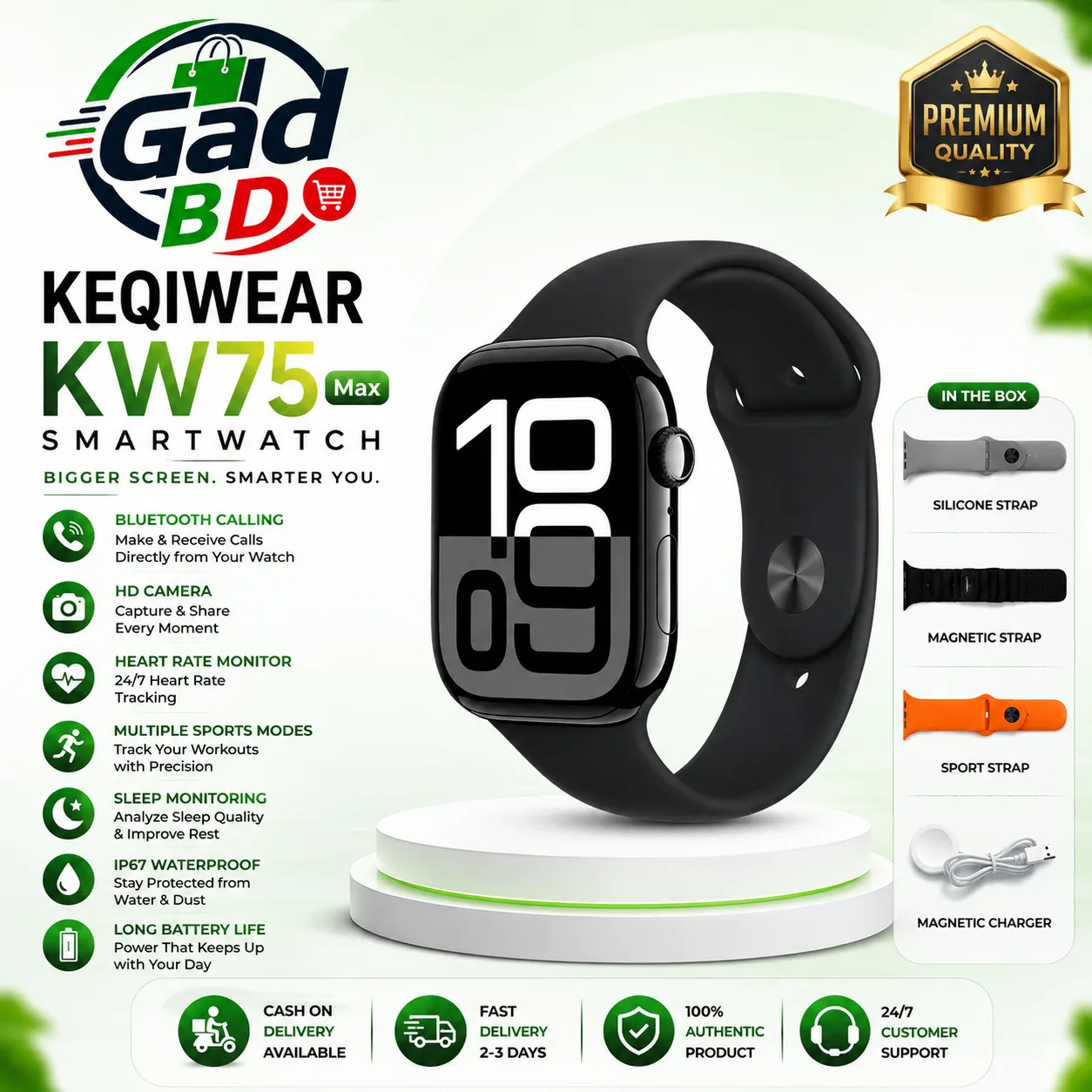 KEQIWEAR KW75 Max Smart Watch | Bluetooth Calling | 3 Premium Straps | Wireless Charging