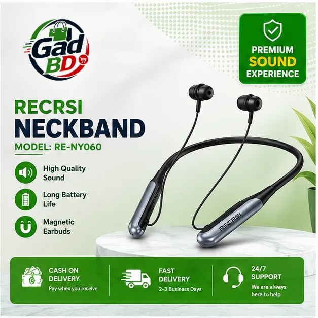 Recrsi RE-NY060 Wireless Bluetooth Neckband Earphones with ENC Noise Reduction