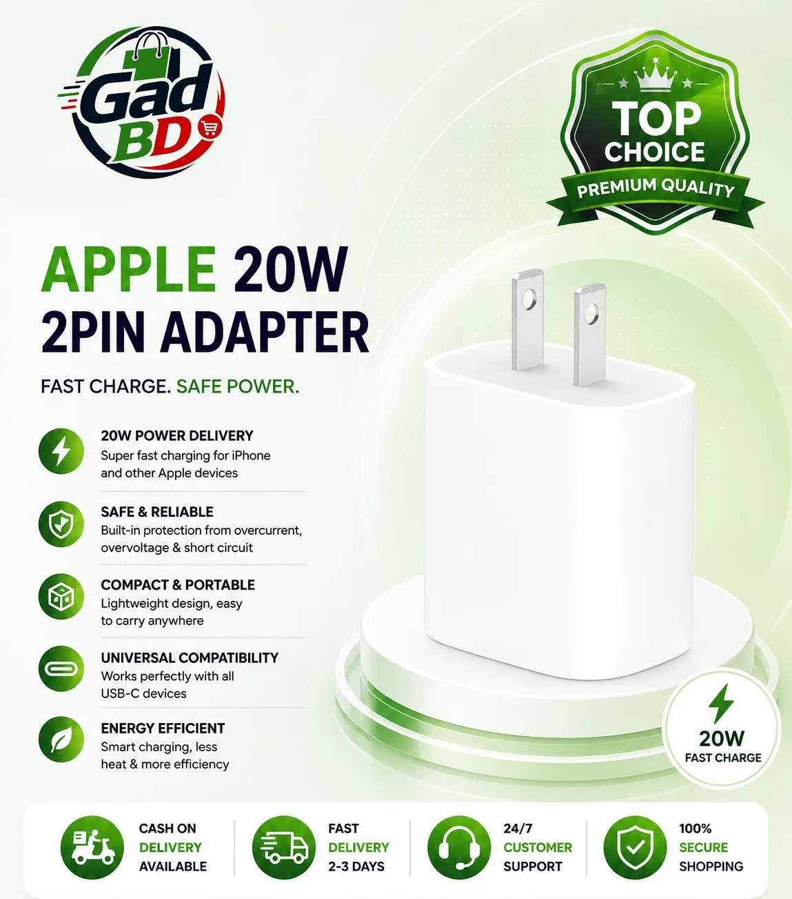 Apple 20W USB-C Fast Charging Power Adapter (2-Pin) – Compact PD Charger