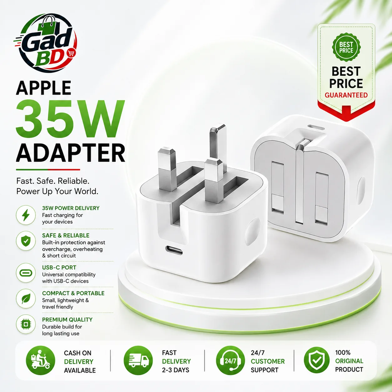 Apple 35W USB-C Power Adapter (3-Pin) Dual Port Fast Charger for iPhone, iPad, MacBook & USB-C Devices