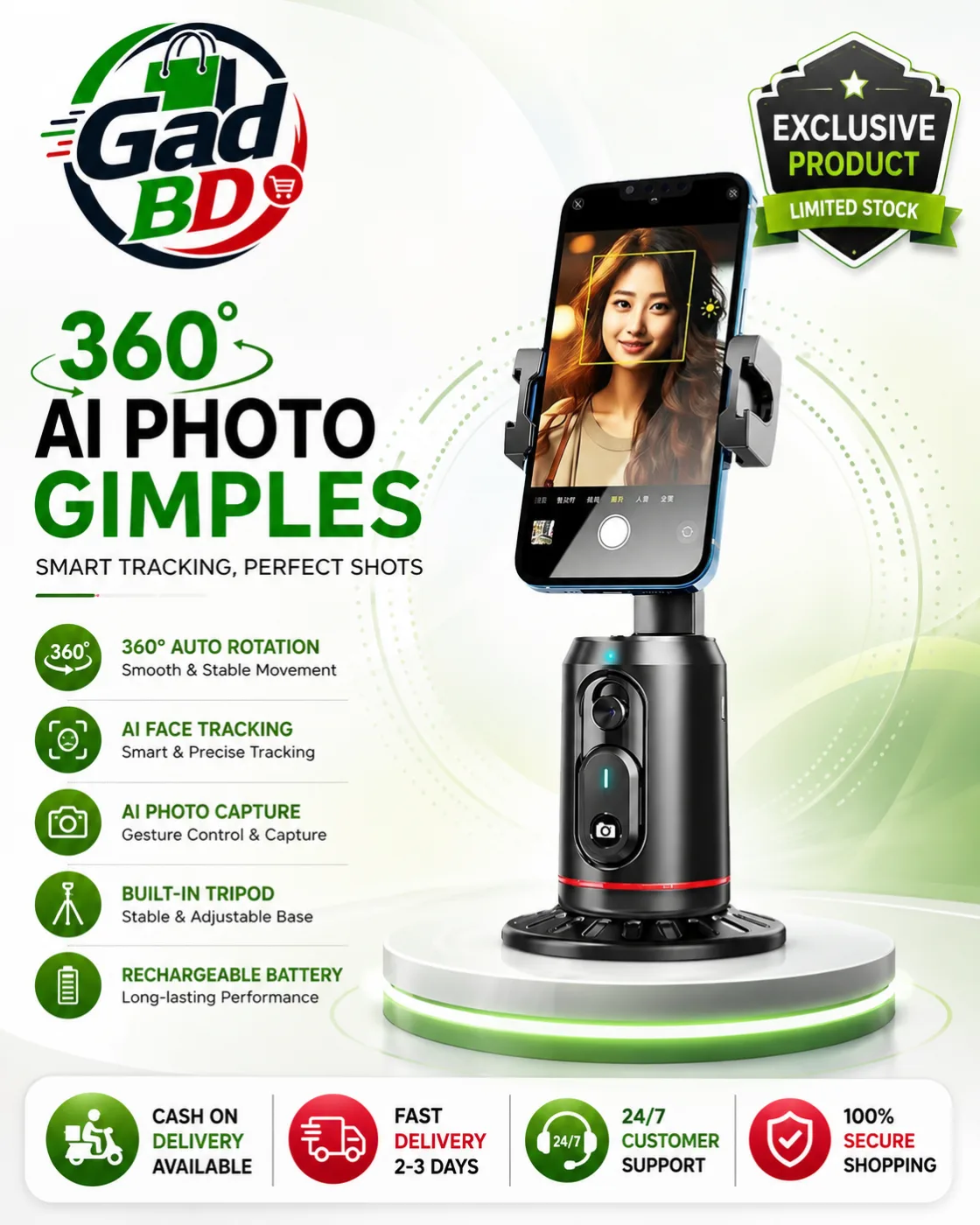 Q02 AI Face Tracking Gimbal 360° Smart Auto Face Tracking Phone Holder with Gesture Control & Rechargeable Battery