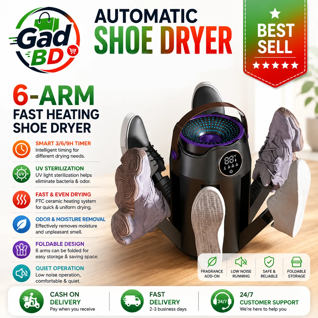 Automatic 6-Leg Shoe Dryer Fast Drying Electric Shoe Dryer with Constant Temperature & Deodorizing Function