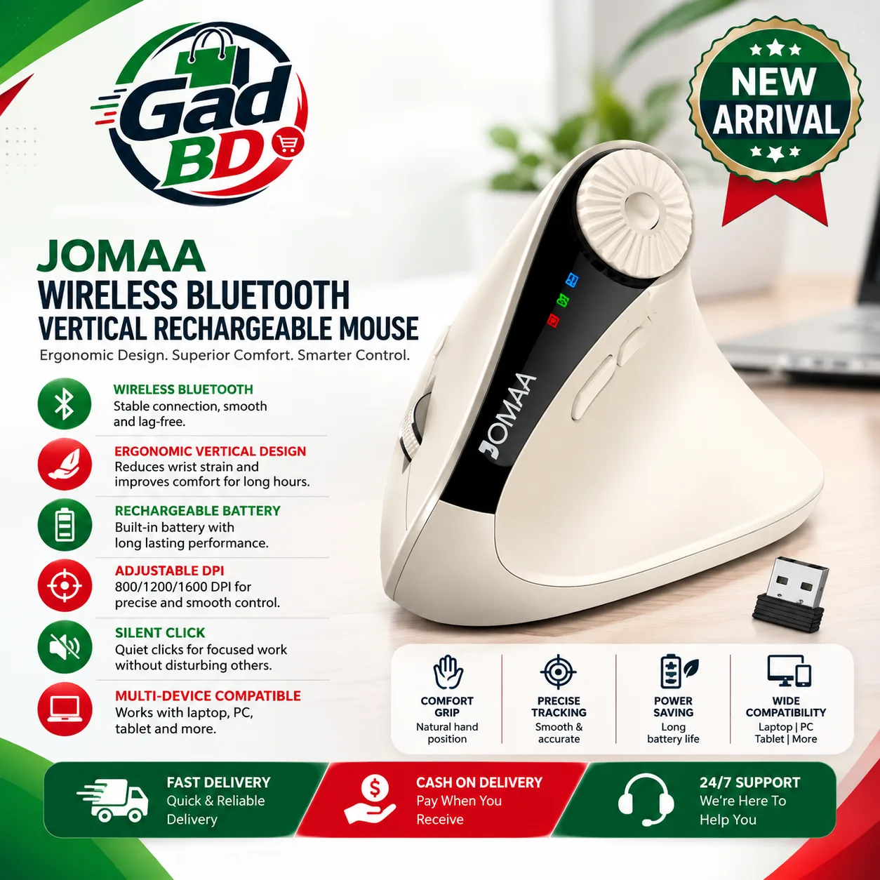 Jomaa Wireless Bluetooth Vertical Rechargeable Mouse with Ergonomic Hand Support