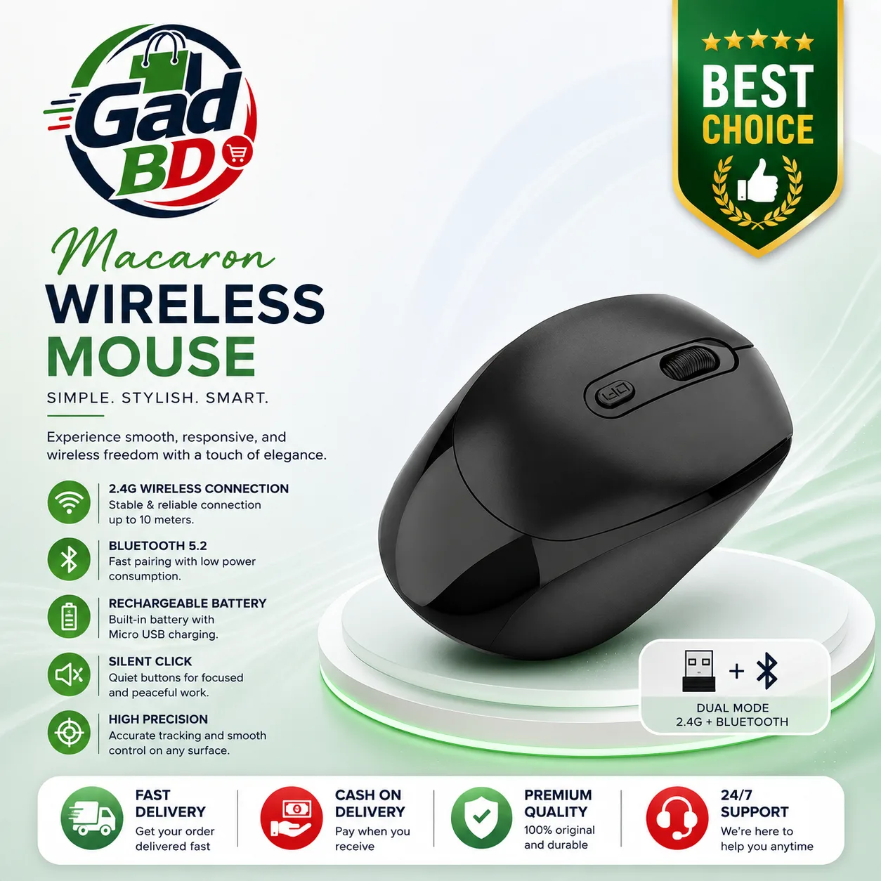 Macaron Wireless Rechargeable Mouse with Comfortable Grip, Smooth Tracking & Portable Design