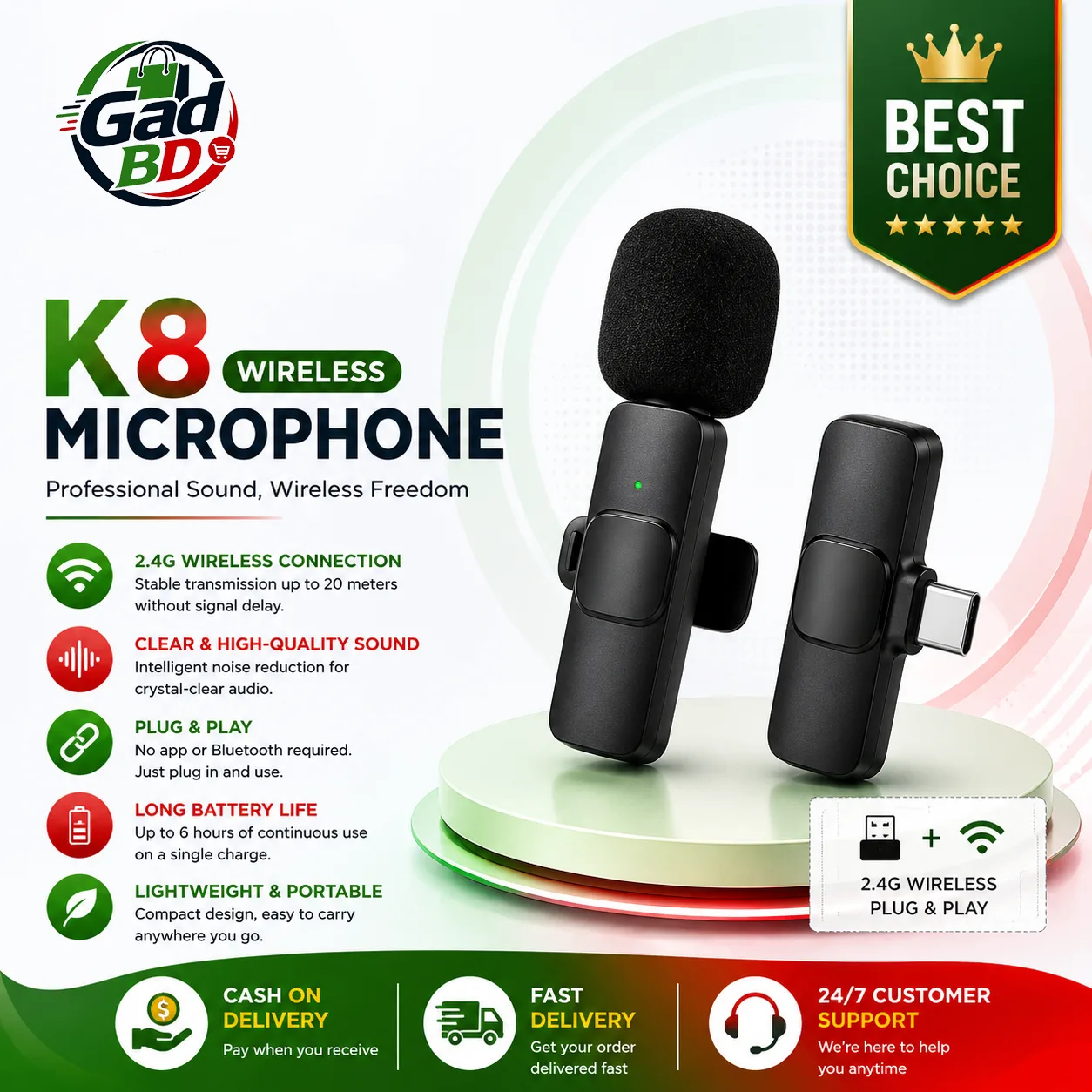 K8 Wireless Microphone Type-C + iPhone Head Dual Mic Set for Vlogging, Streaming