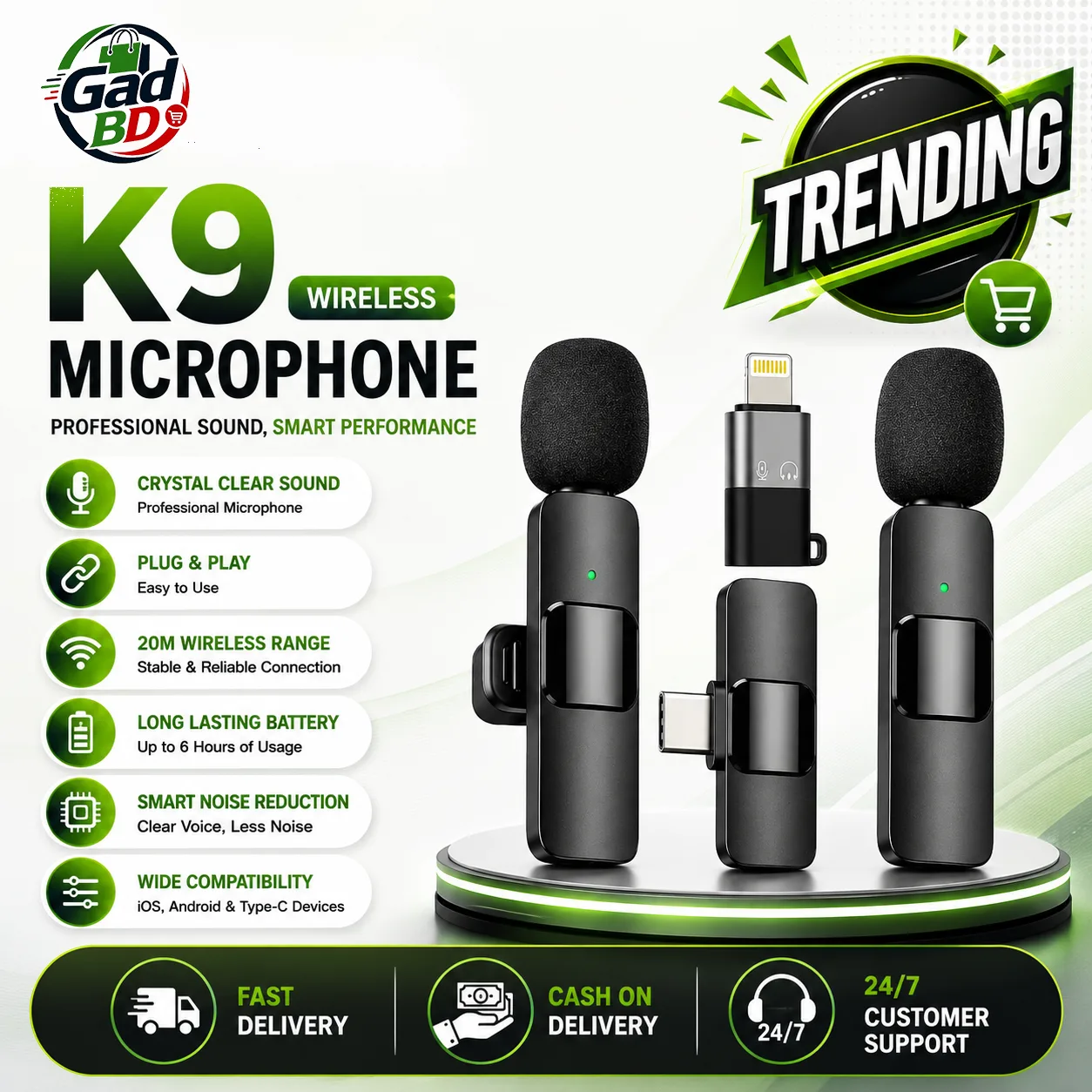 K9 One-to-Two Wireless Microphone with Type-C & iPhone Head for Vlogging, Interviews