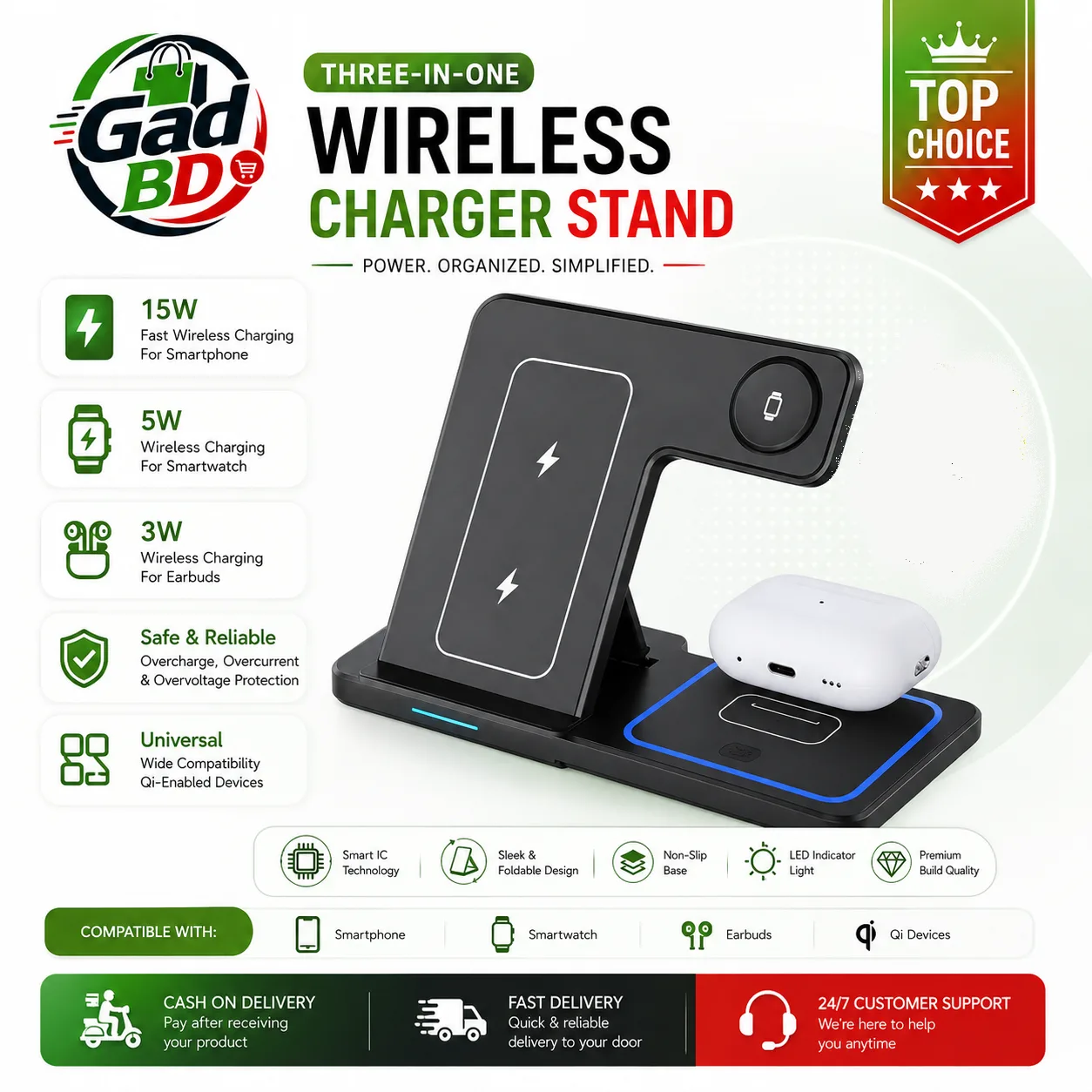3-in-1 Charging Station – Multi-Device Wireless Charging Stand for Everyday Use