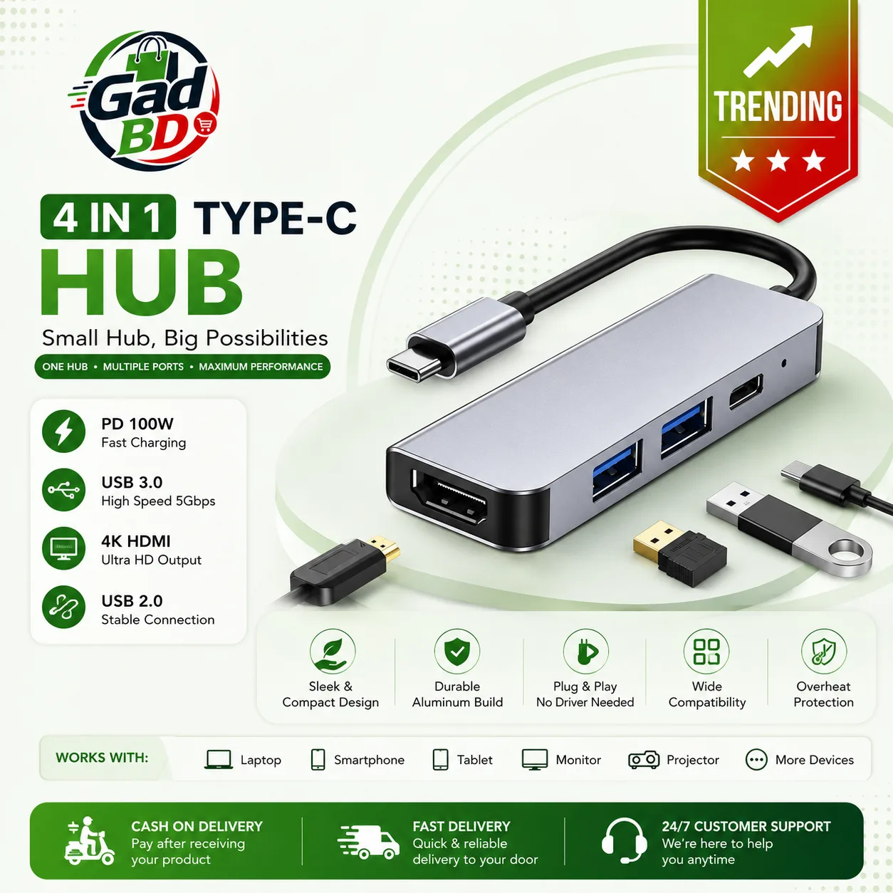 4-in-1 USB-C Hub – Compact Multiport Adapter for Laptop, Tablet & More