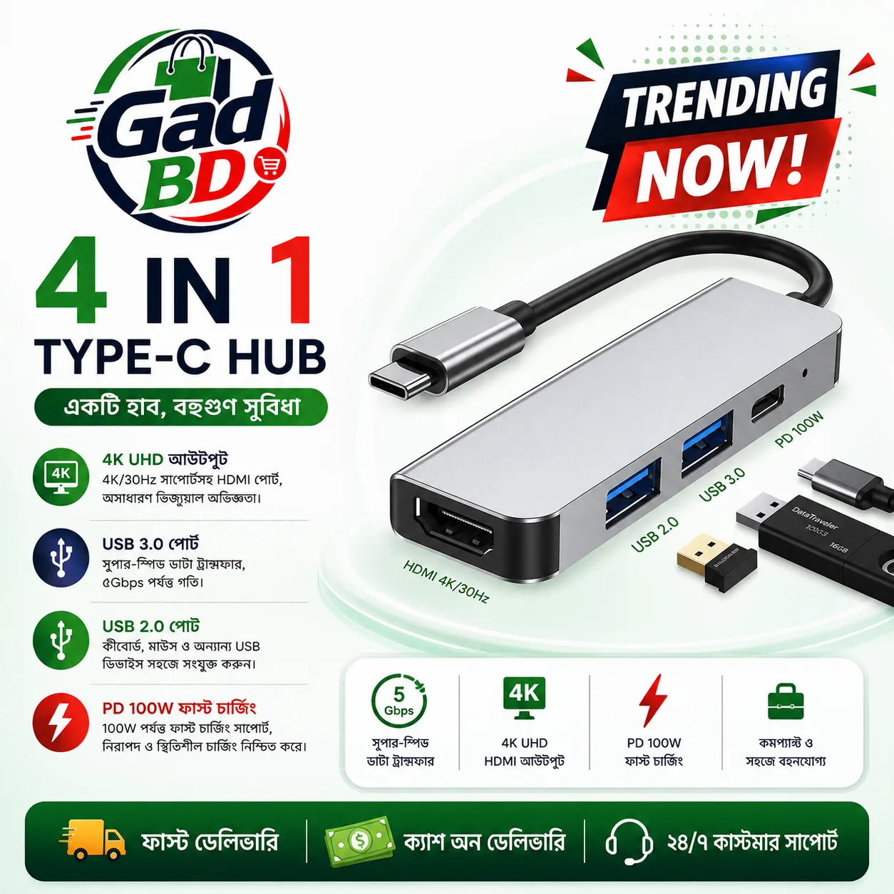 4-in-1 USB-C Hub – Compact Multiport Connectivity for Everyday Use