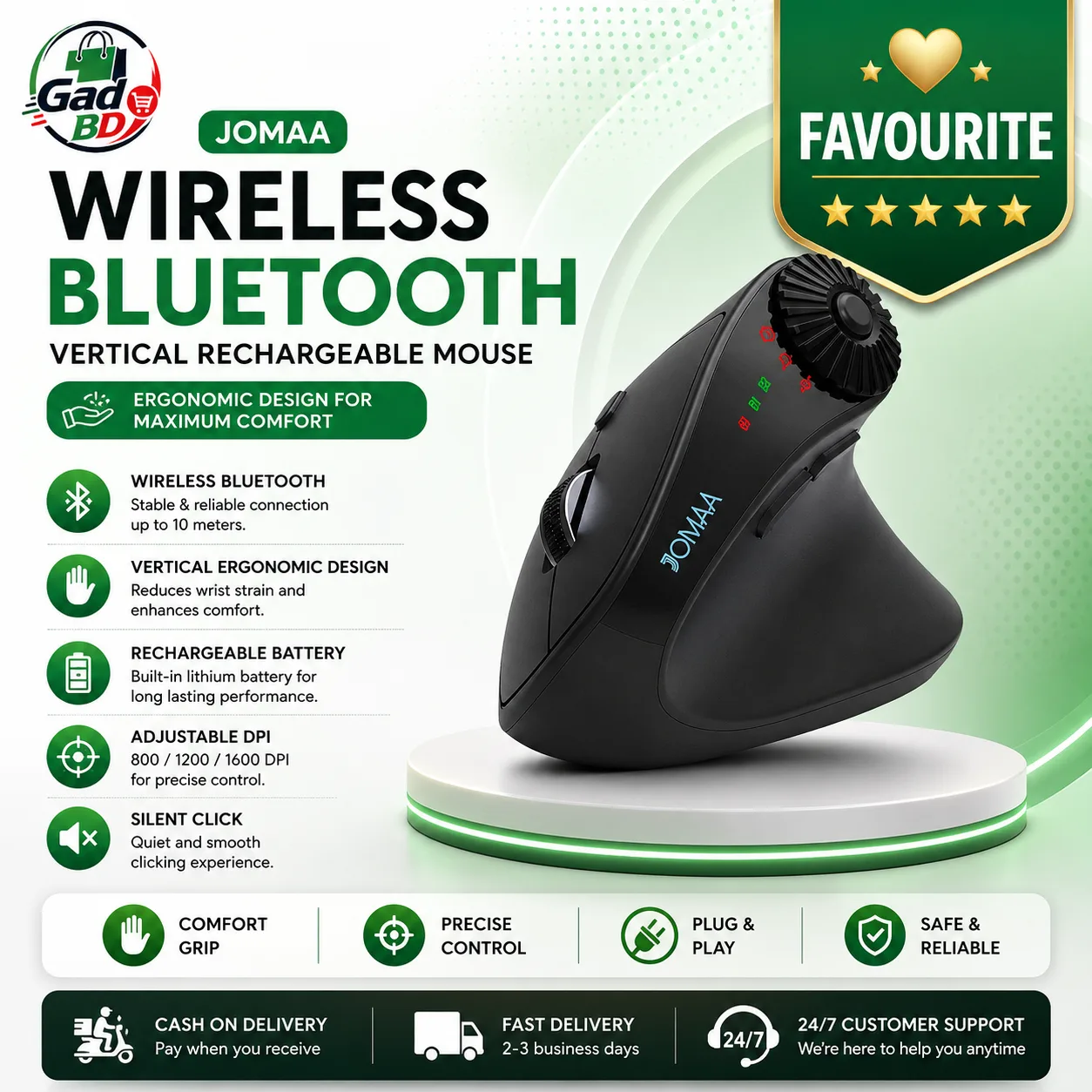 Jomaa Wireless Bluetooth Vertical Rechargeable Mouse – Ergonomic Cordless Mouse