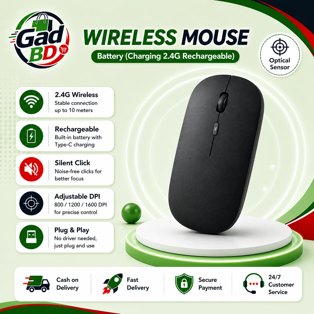 Rechargeable 2.4G Wireless Mouse – Cordless Computer Mouse