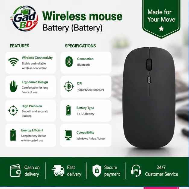 Black Wireless Mouse – Battery-Powered Cordless Mouse for Everyday Computer Use