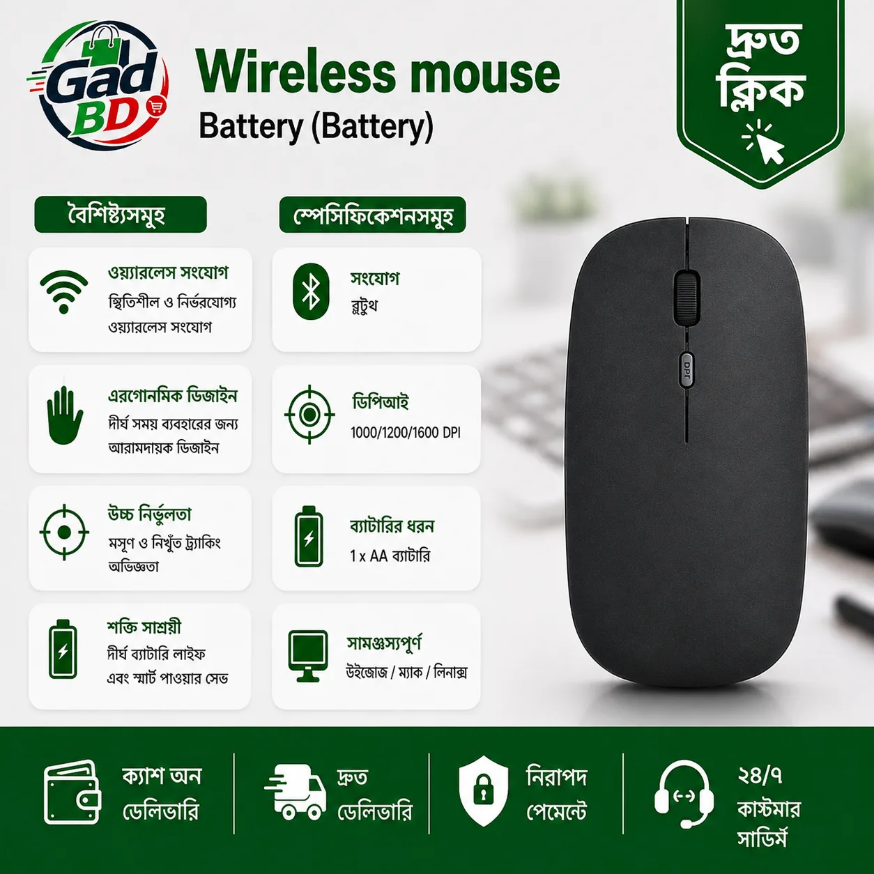 Wireless Black Mouse – Reliable Battery-Powered Computer Accessory