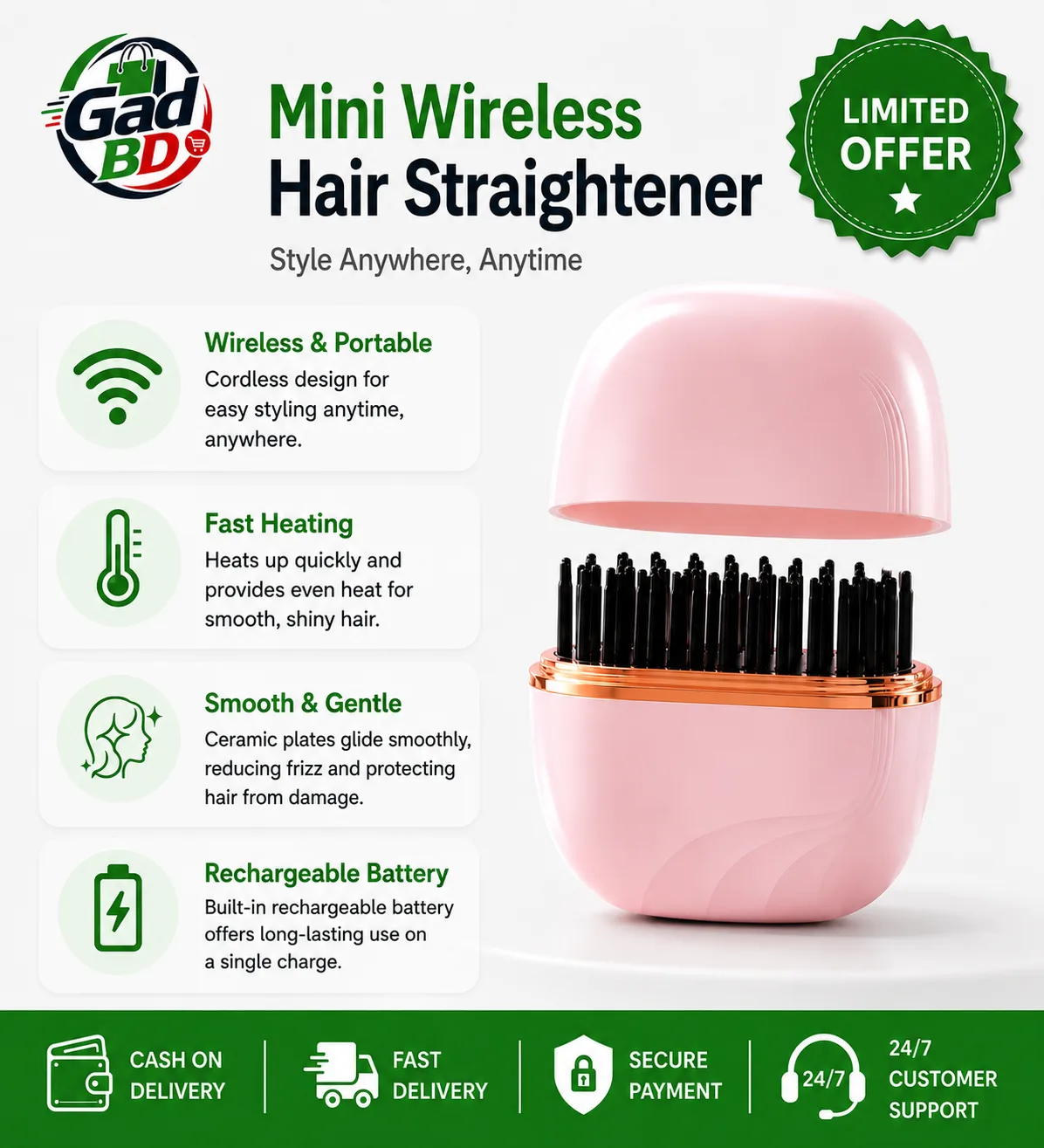 Mini Wireless Hair Straightener – Portable Cordless Hair Styling Tool