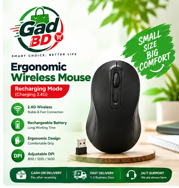 Ergonomic Wireless Mouse – Rechargeable 2.4G Wireless Mouse in Black
