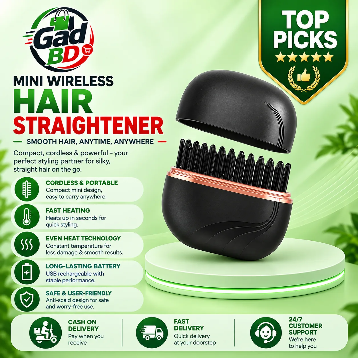 Cordless Mini Wireless Hair Straightener – Portable Rechargeable Hair Styling Iron