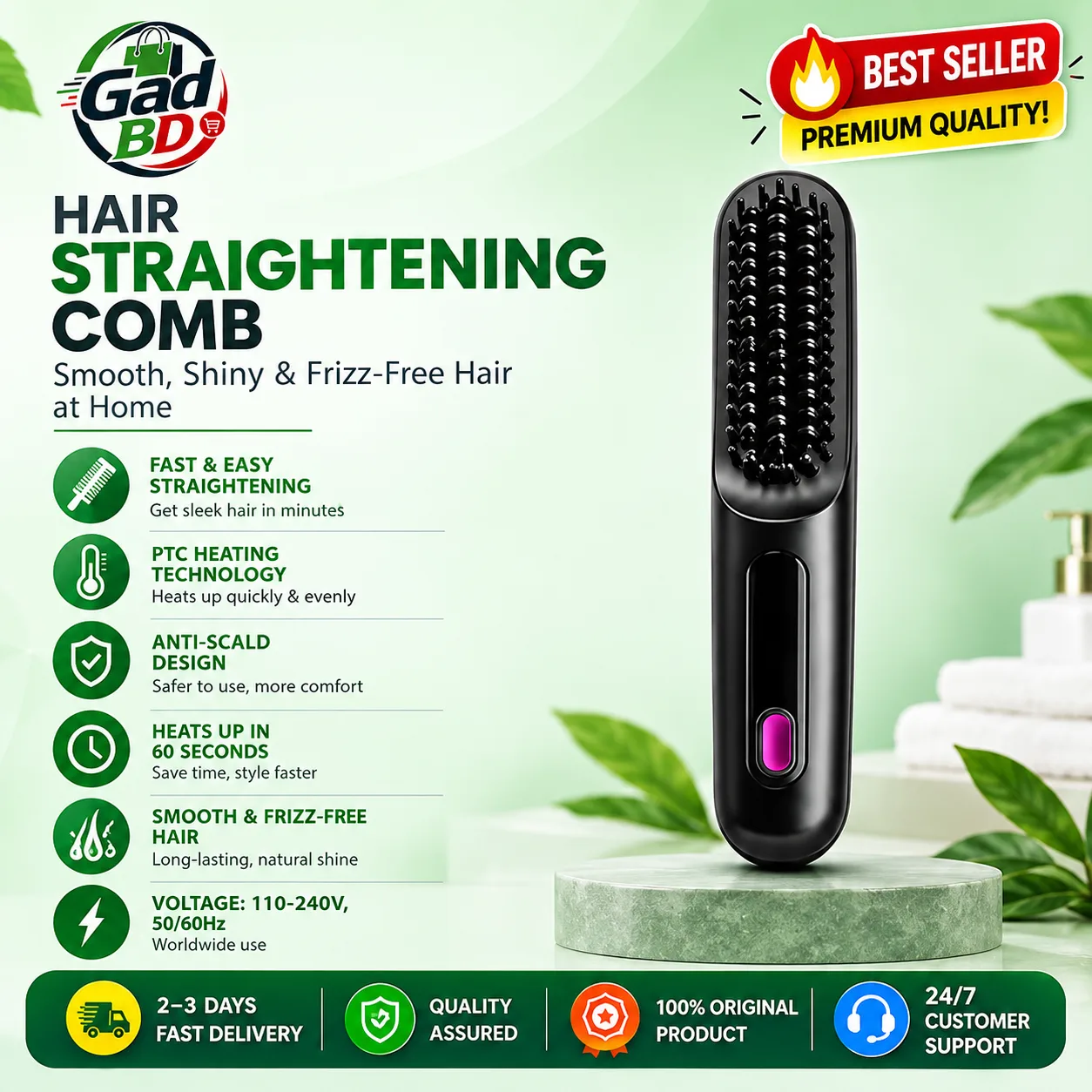 Cordless Hair Straightener Brush – Portable Rechargeable Styling Tool