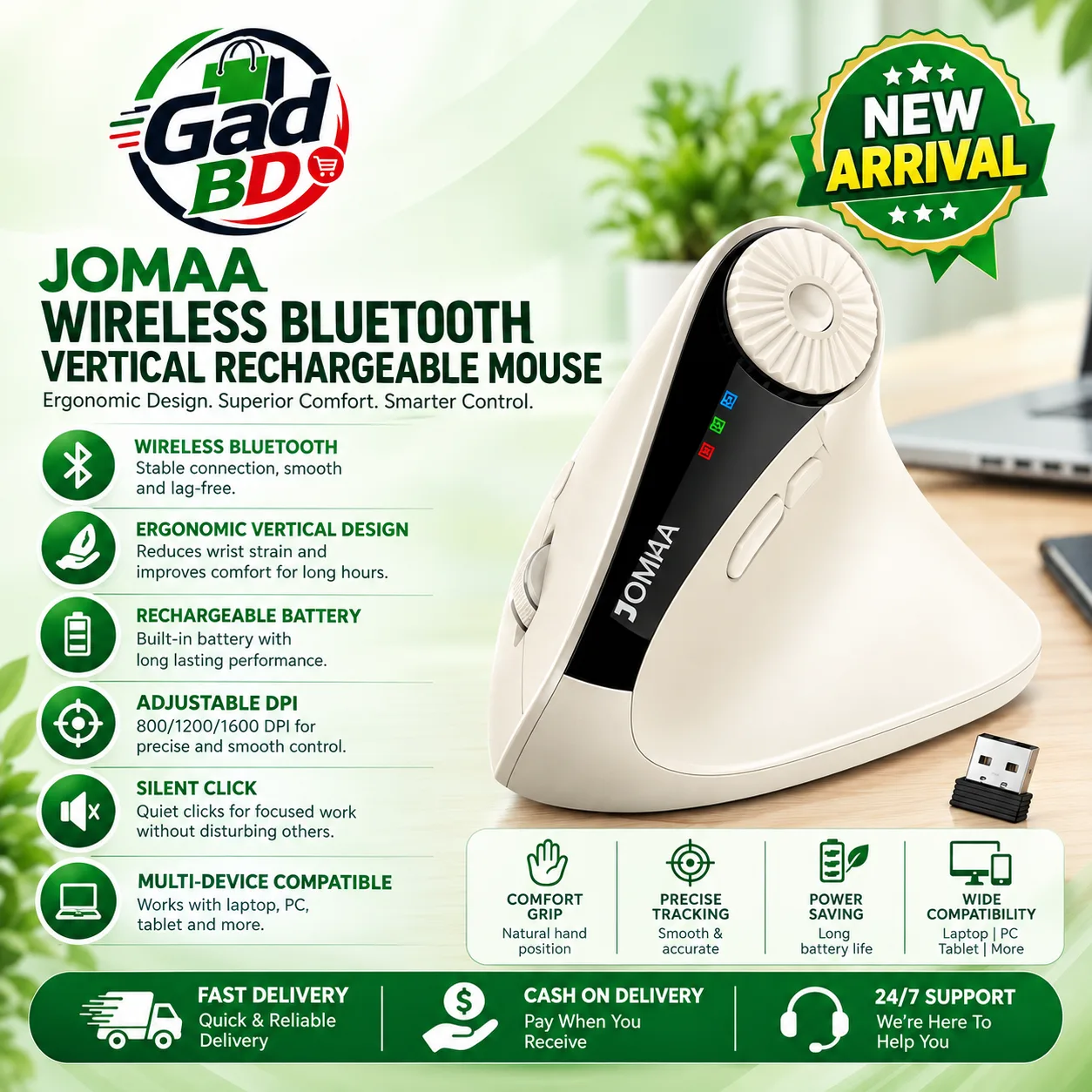 Jomaa Wireless Vertical Rechargeable Mouse – Ergonomic Bluetooth Design for Comfortable Computing