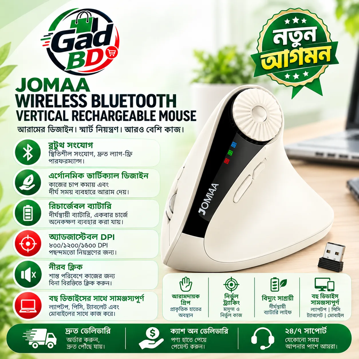 Jomaa Ergonomic Vertical Bluetooth Rechargeable Wireless Mouse