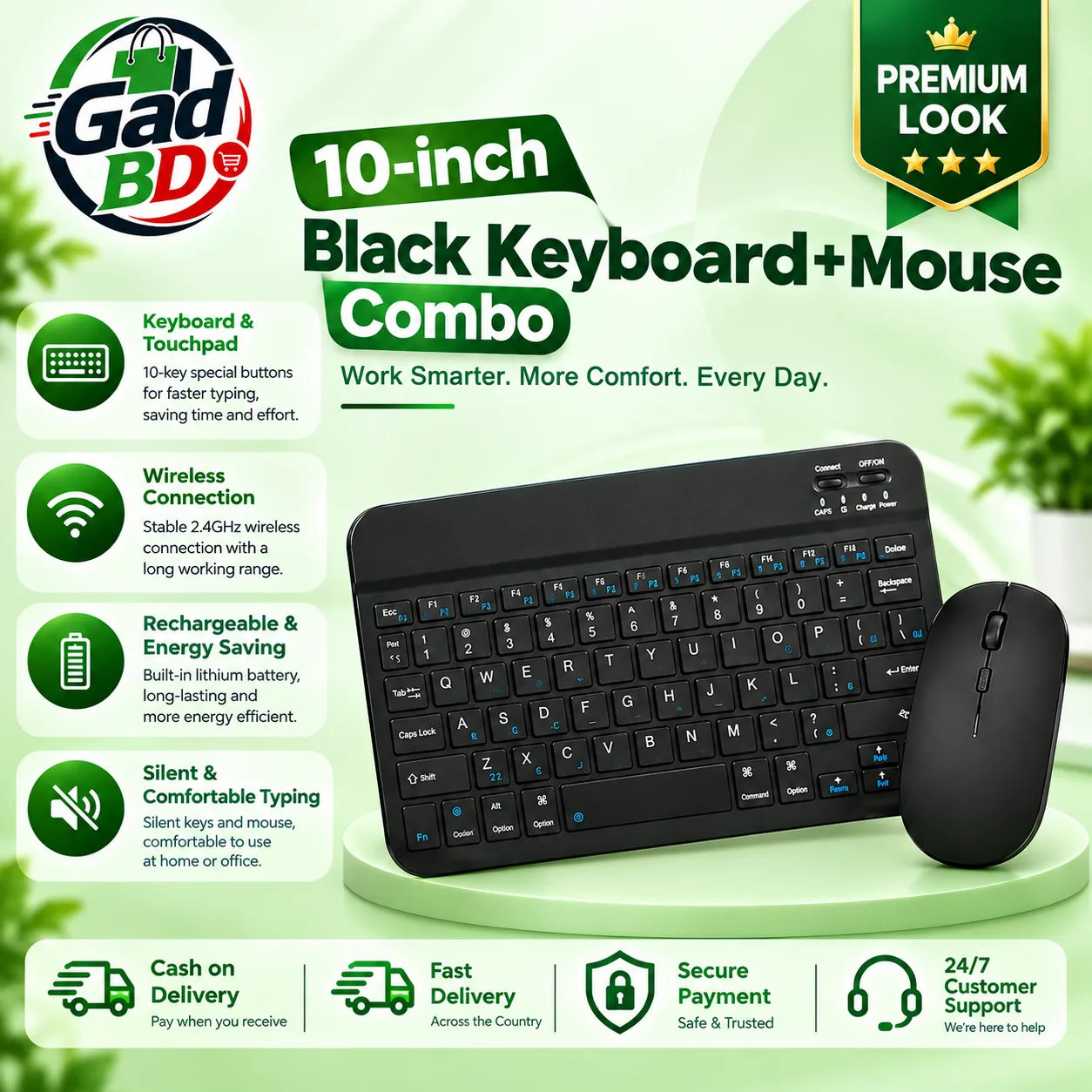 Compact 10-Inch Black Wireless Keyboard & Mouse Combo for Everyday Use