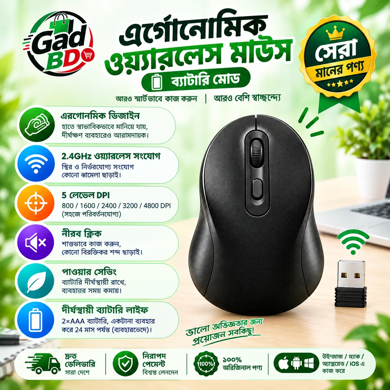 Ergonomic Wireless Mouse Recharging Mode and Battery Mode – Comfortable Wireless Solution