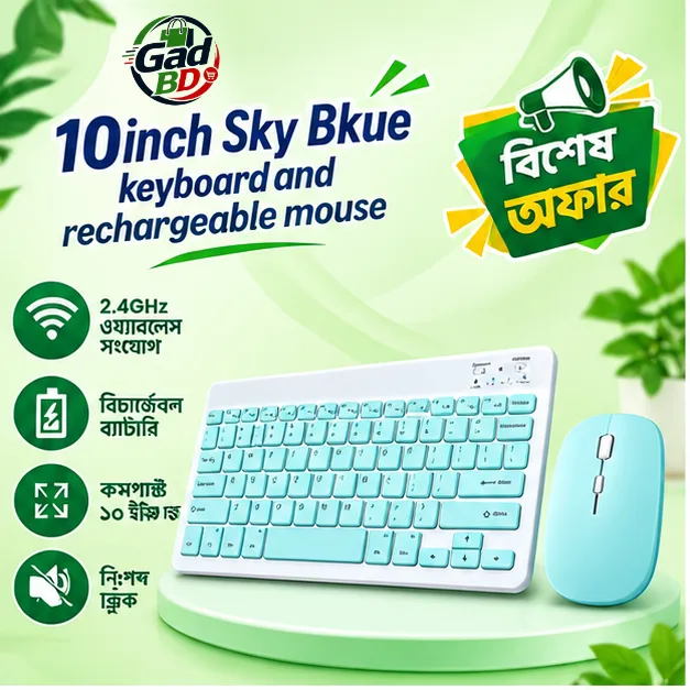 10-Inch Sky Blue Bluetooth Keyboard & Rechargeable Mouse Combo – Portable Setup for Daily Work